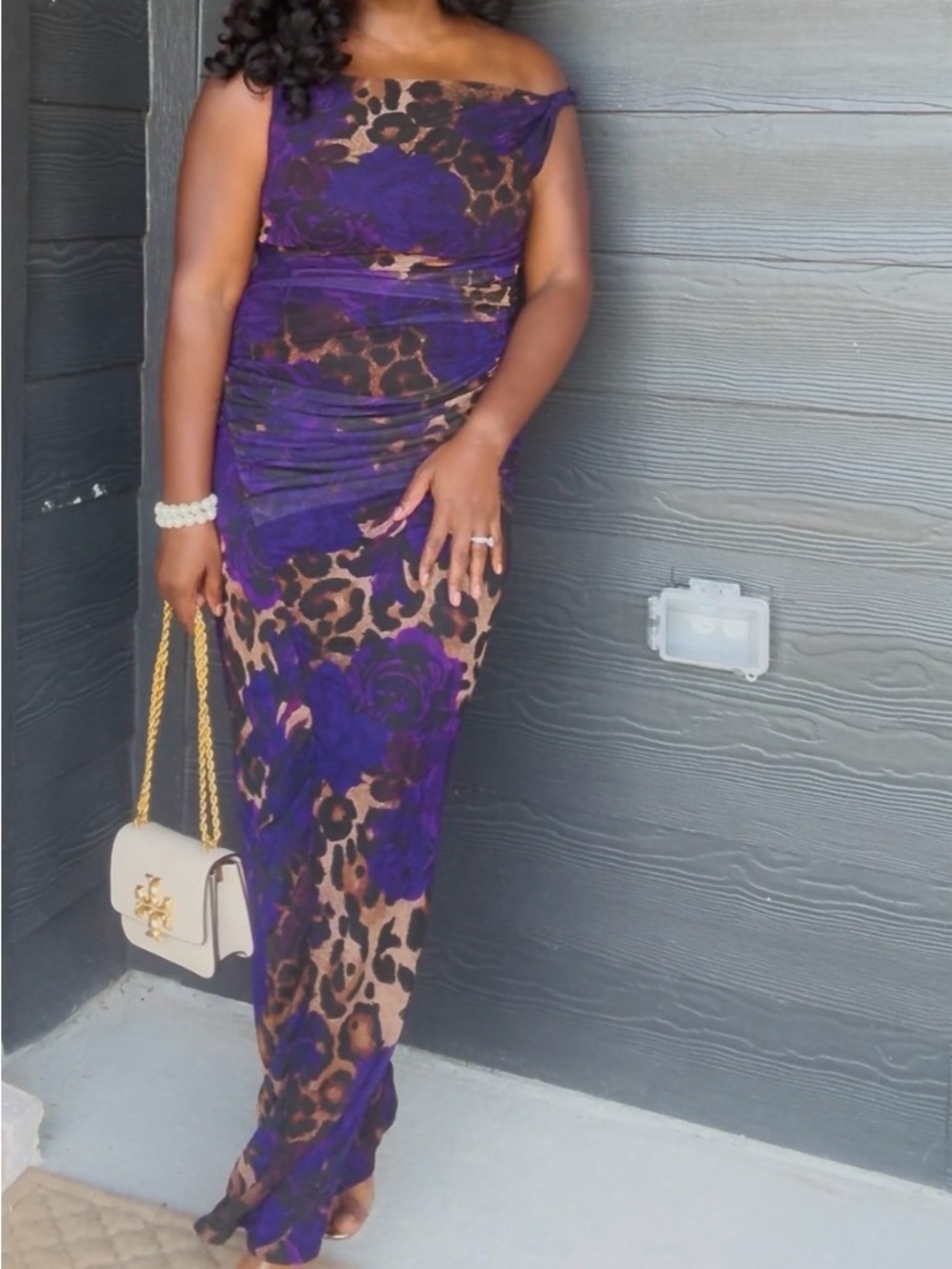 Boohoo Purple Floral & Leopard One-Shoulder Maxi Dress